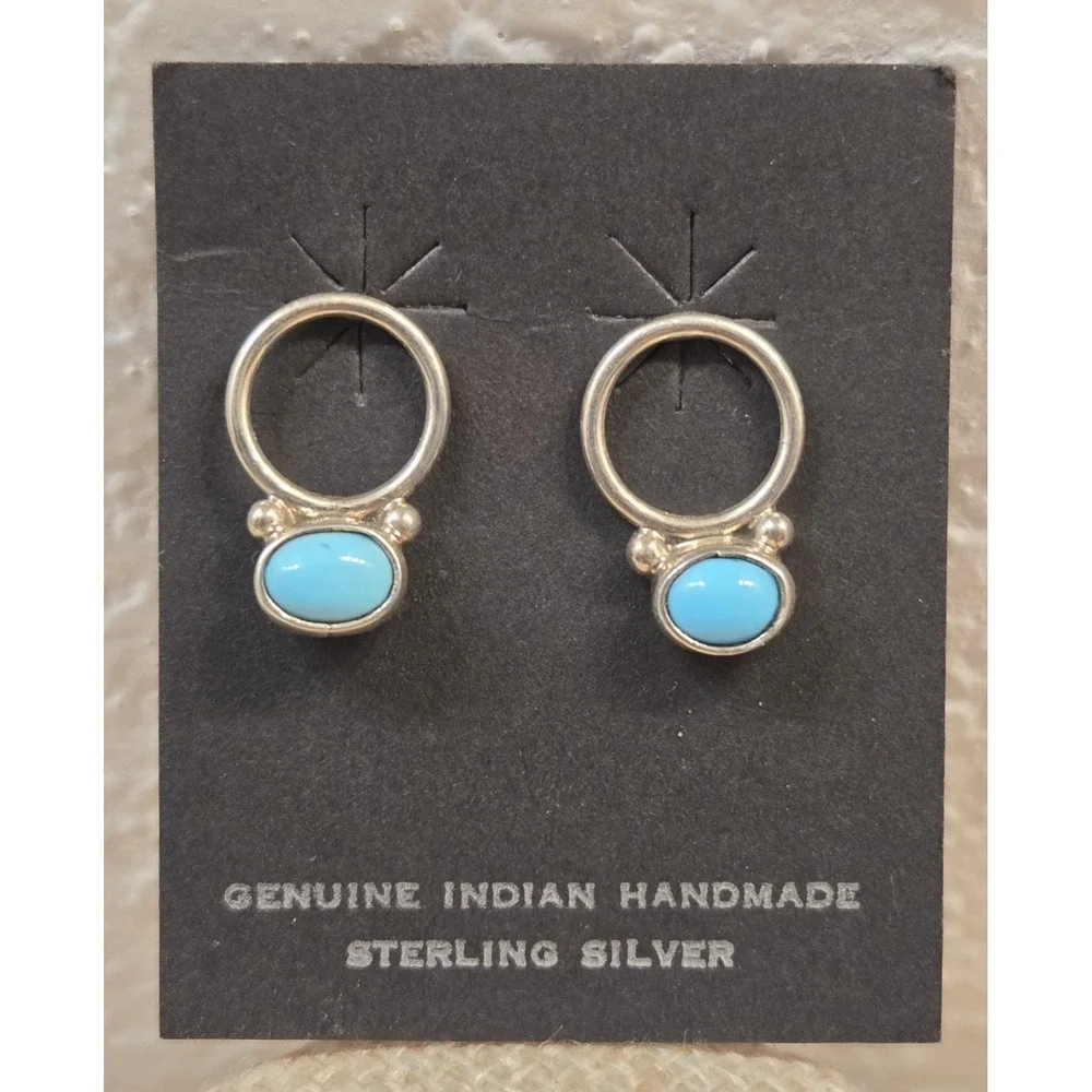 Genuine Native American Sterling Silver & Turquoise Door Knocker Dangle Earrings